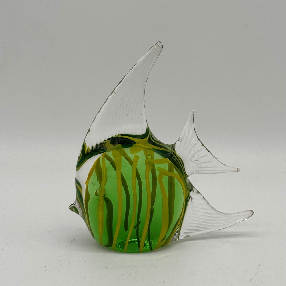 Vintage Hand Blown Art Glass Angelfish Figurine Green Yellow Stripe Taiwan 6"